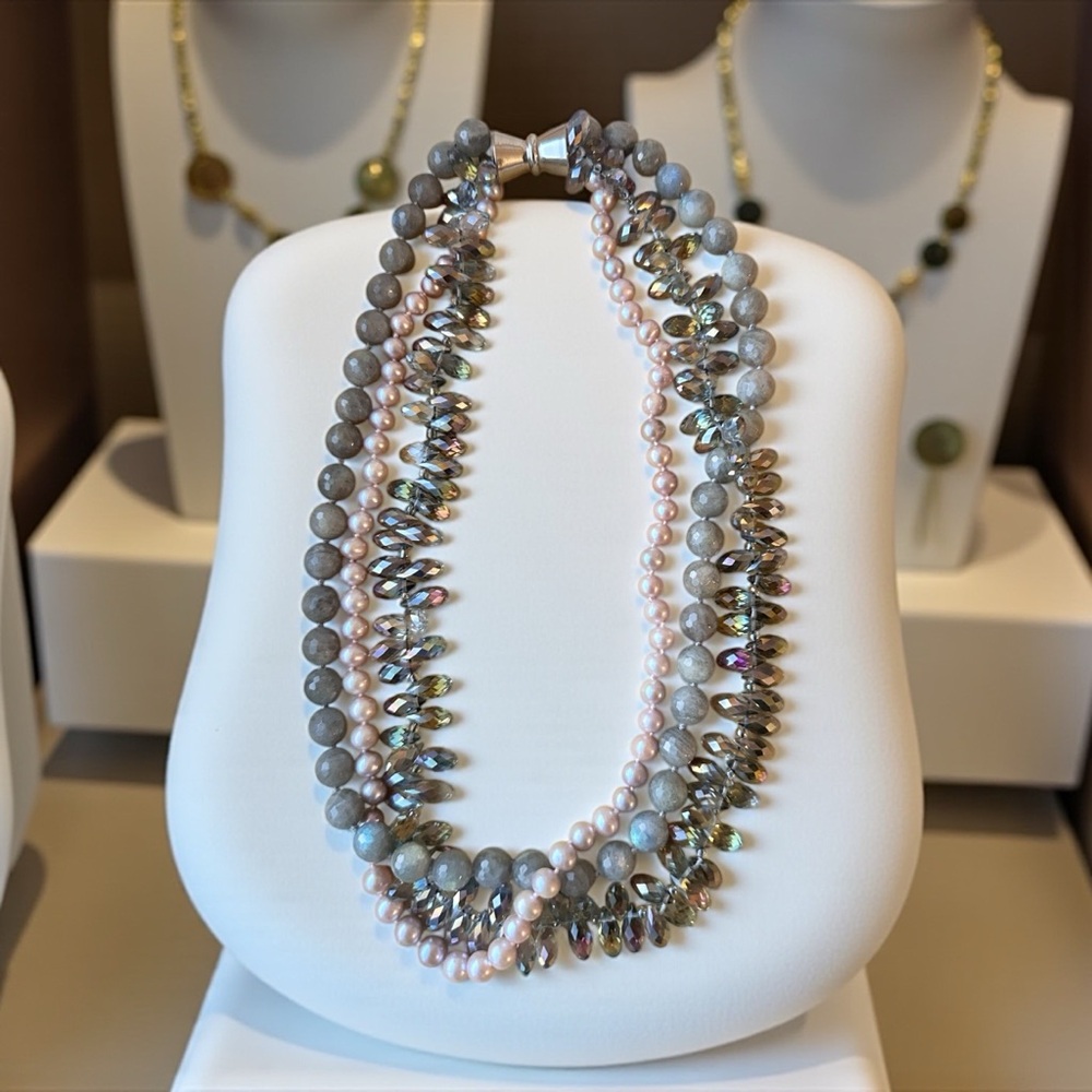 Elegant MultiStrand Beaded Necklace Pearl & Crystal Beaded Necklace Statement